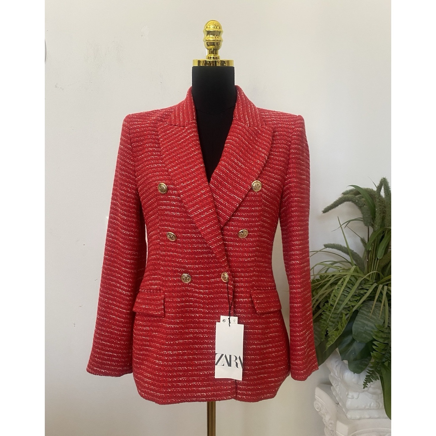 Nwt Zara Women's Career Red White Acrylic Blend Tweed Blazer Jacket Size S, $195